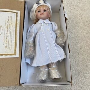 NWOT Heritage Signature Collection Porcelain Blonde Doll  in Winter White Outfit